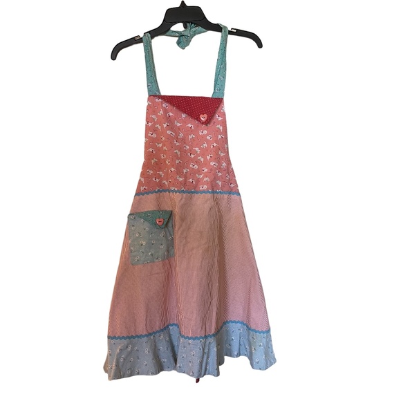 Handmade Peach/Blue Cotton Kitten Print Ruffle Apron Cottage OS - Picture 15 of 16